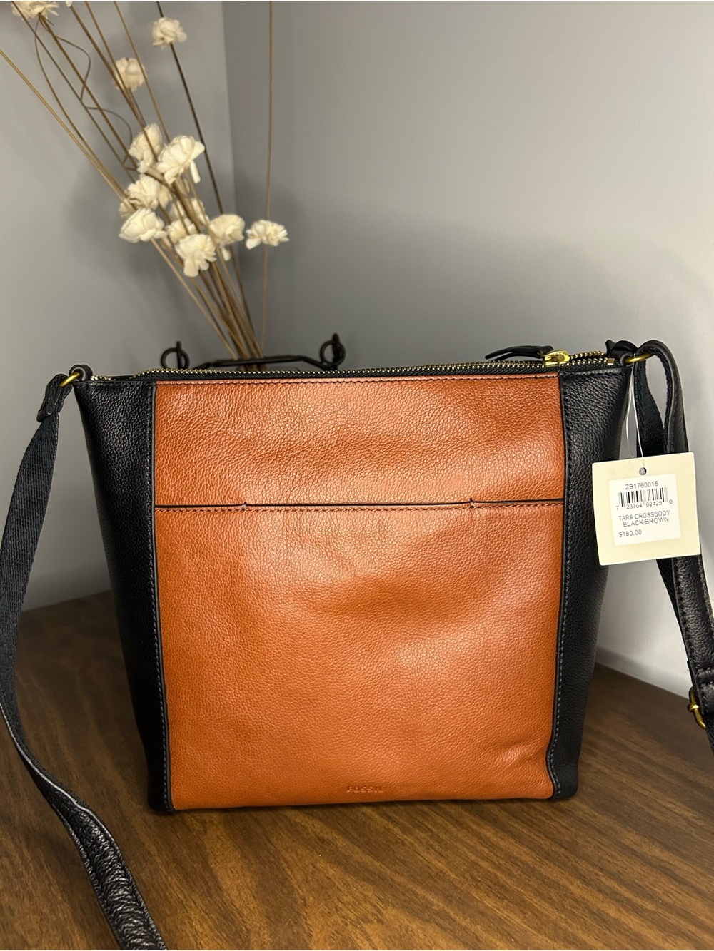 Fossil NWT Tara Crossbody Bag Black Brown Pebbled Leather - Picture 7 of 13